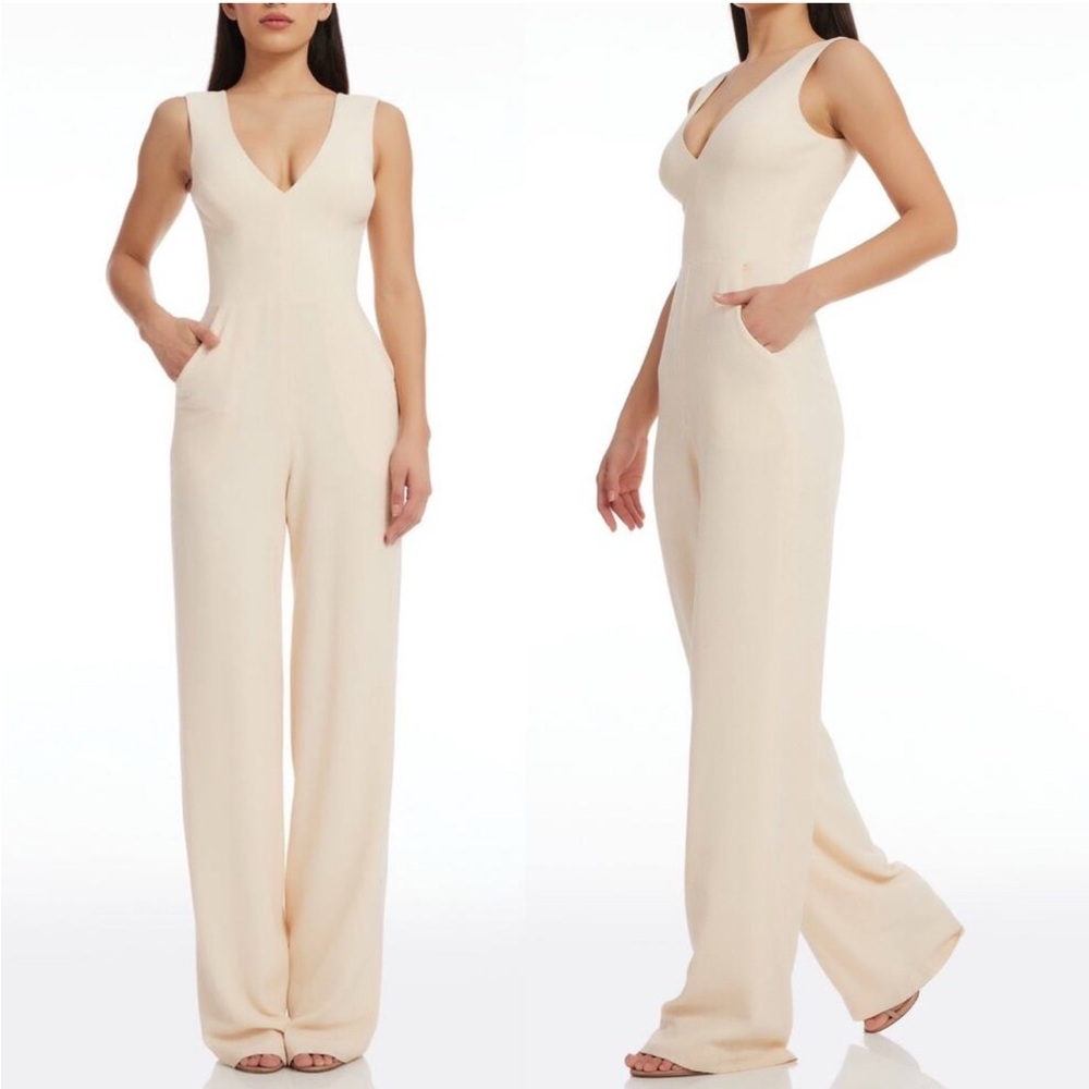 Dress The Population Sandra Stretch Crepe Plunging V Wide Leg Jumpsuit Size Xs